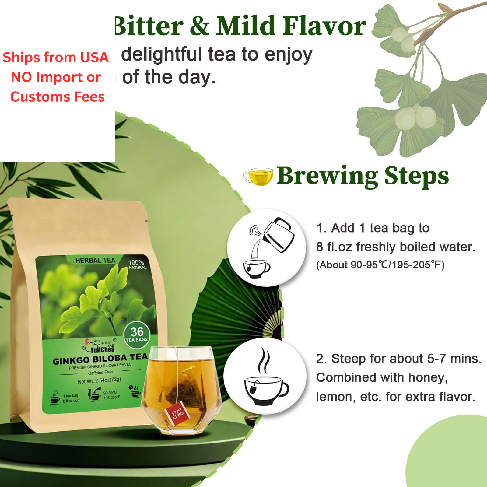 FullChea – Ginkgo Biloba Tea Bags, 36 Teabags – Premium 36 Count (Pack of 1)