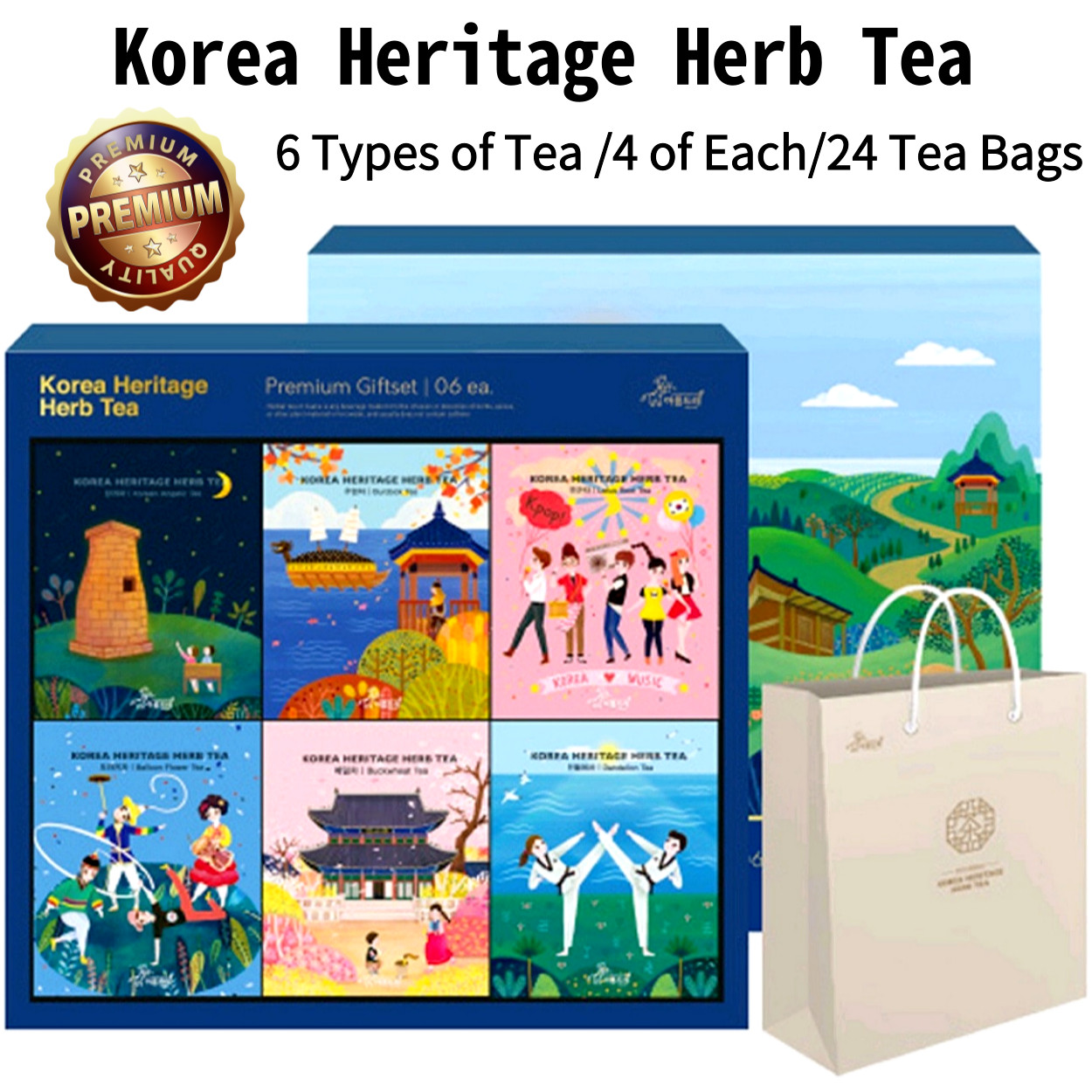 Korea Heritage Herb Tea Premium 6 Types of Tea (24 Tea Bags) Great Gift