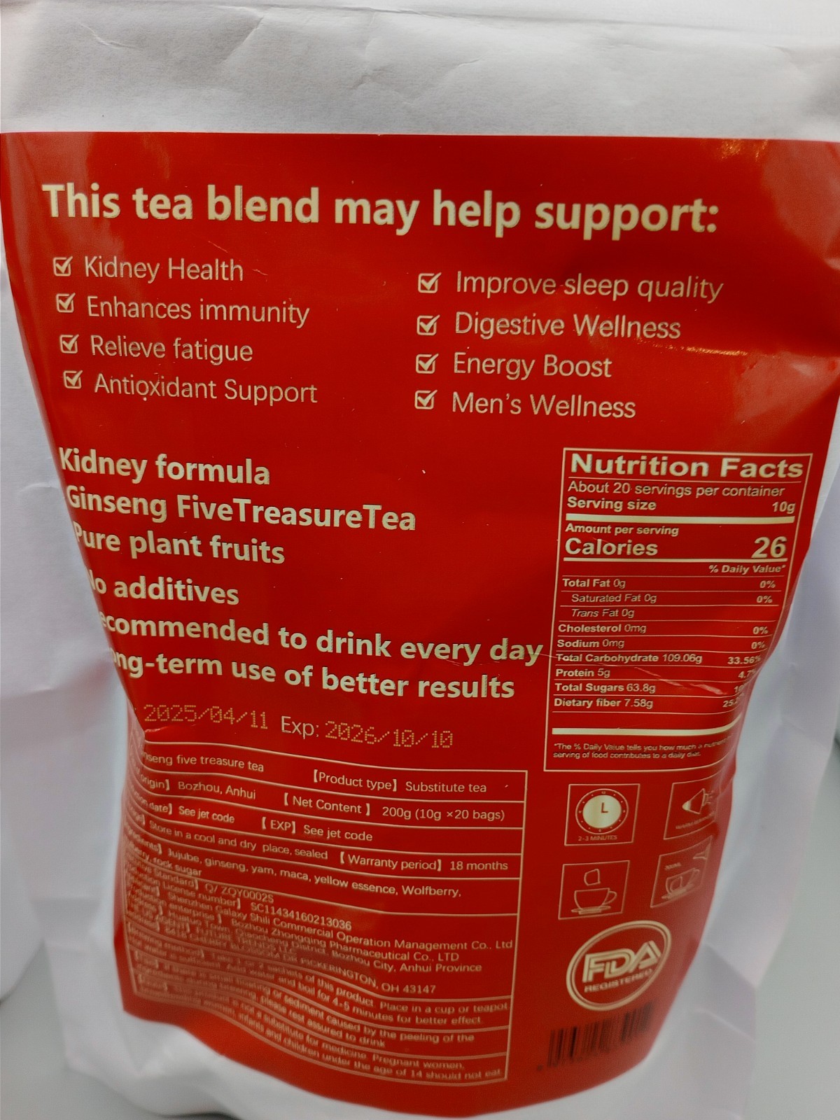 Ginseng Treasure Tea Herbal Blend – 200g (20 Bags x 2 Package) Exp 10/2026