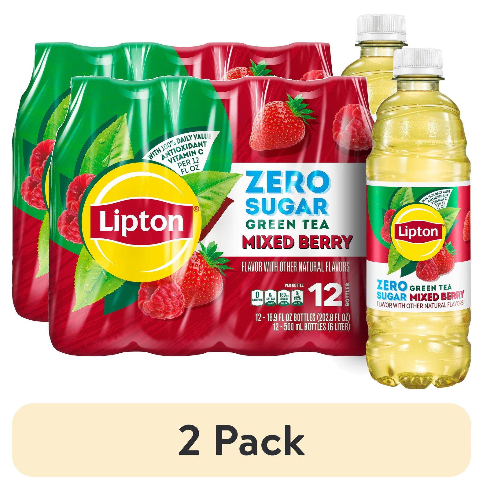(2 pack) Green Tea Mixed Berry Zero Sugar Iced Tea, 16.9 fl oz, 12 Pack Bottles​