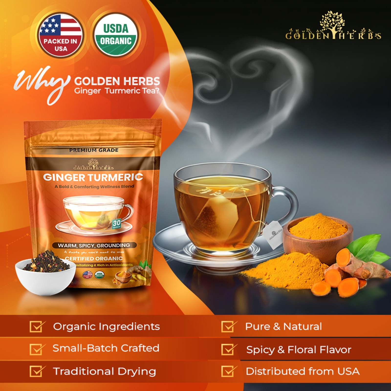 Golden Herbs Turmeric + Ginger Tea Bags, 30 Count Caffeine-Free Herbal Blend