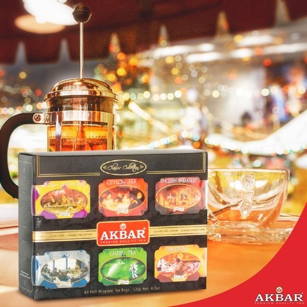 Akbar Classic Collection 60 Foil Tea Bags 115g – 5 Ceylon Tea Varieties Gift Box