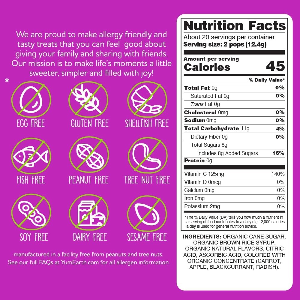 YumEarth Organic Vitamin C Pops 40 Count Allergy Friendly Lollipops