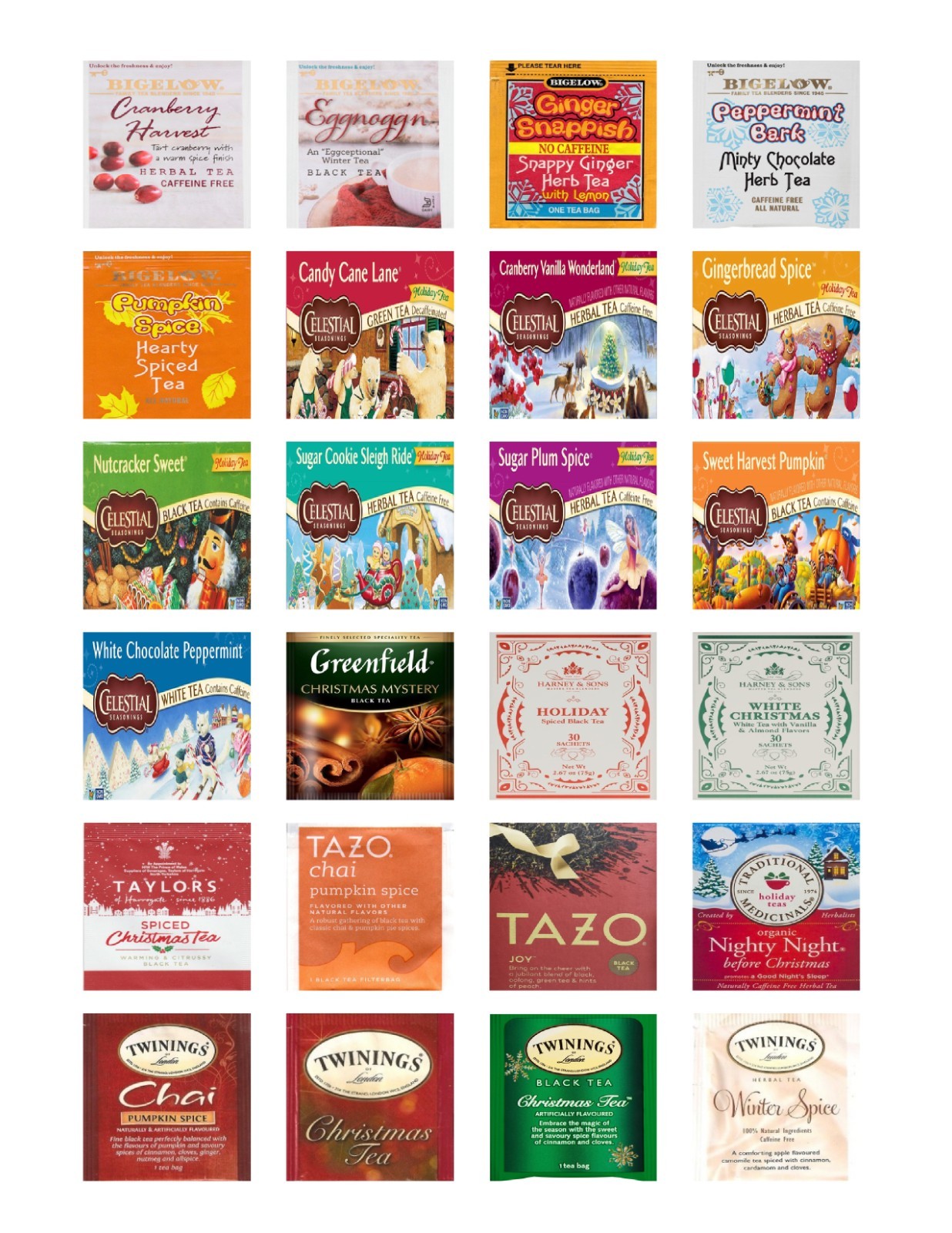 Holiday Tea Bag Sampler Variety Pack – 24 Single-Serve Varieties – 8 Brands