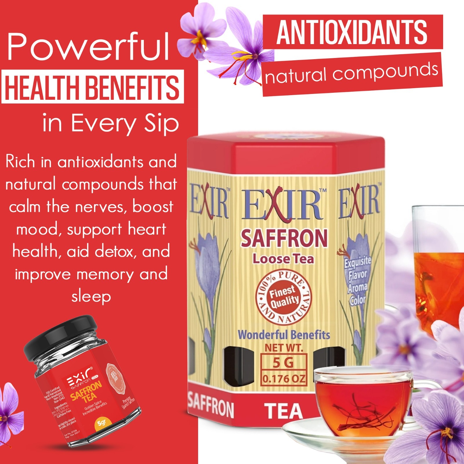 Exir Saffron Loose Herbal Tea, Caffeine-free, Net Weight 5g Glass Jar