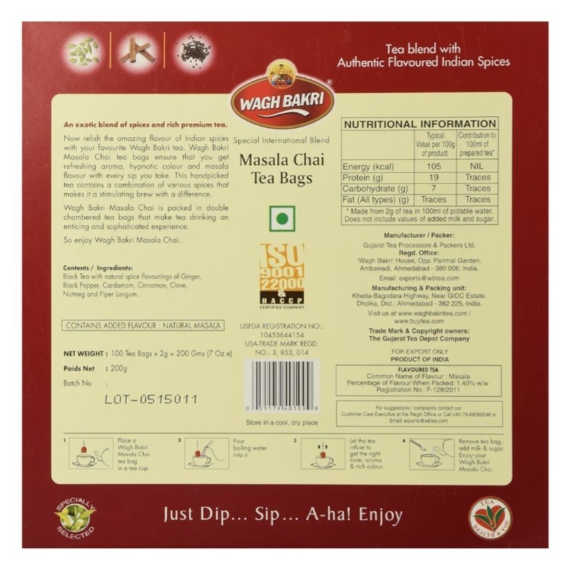 Wagh Bakri Masala Chai 100 Masala Chai Special International Blend 100 Tea Bags