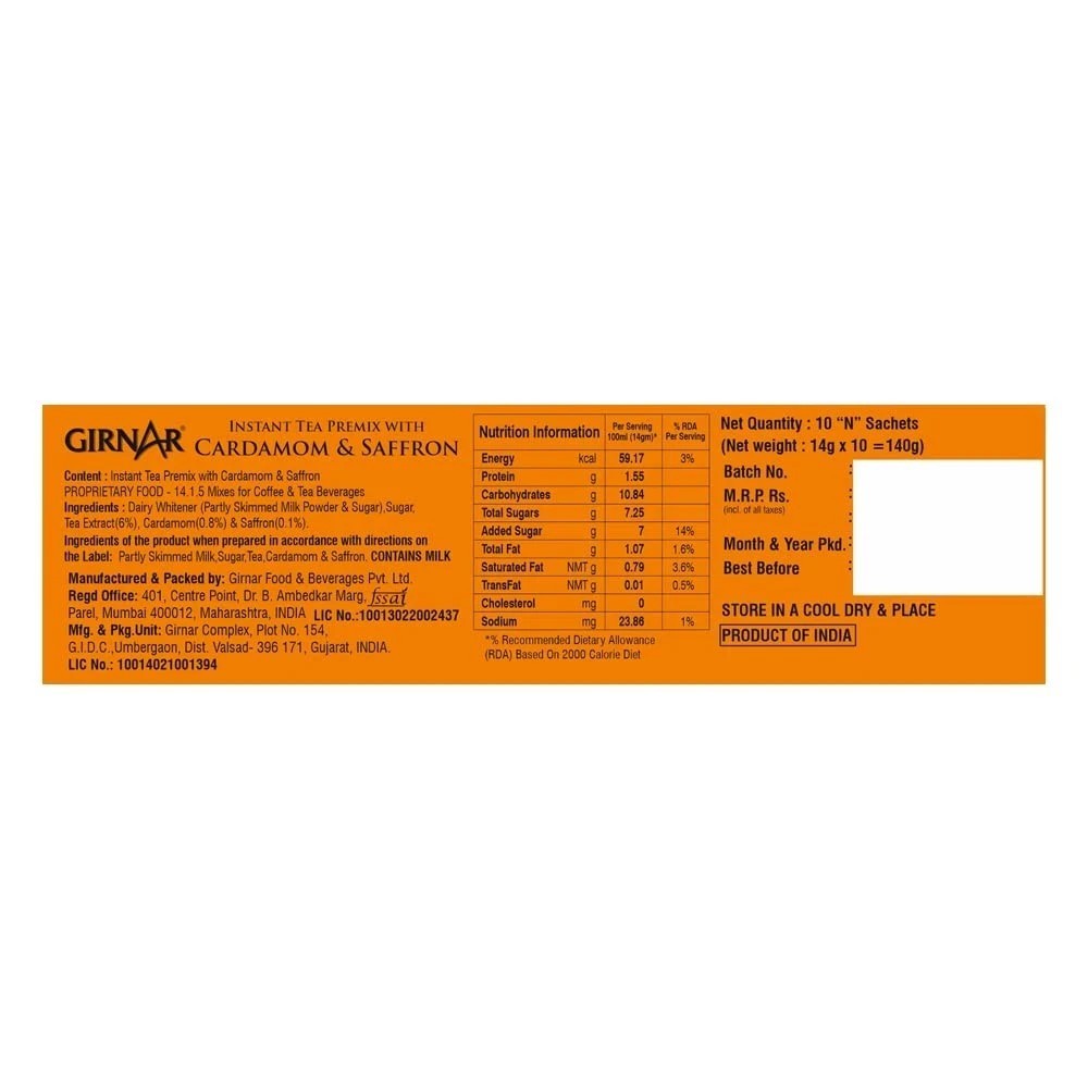 Girnar Instant Premix Tea With Cardamom & Saffron 10 Sachets