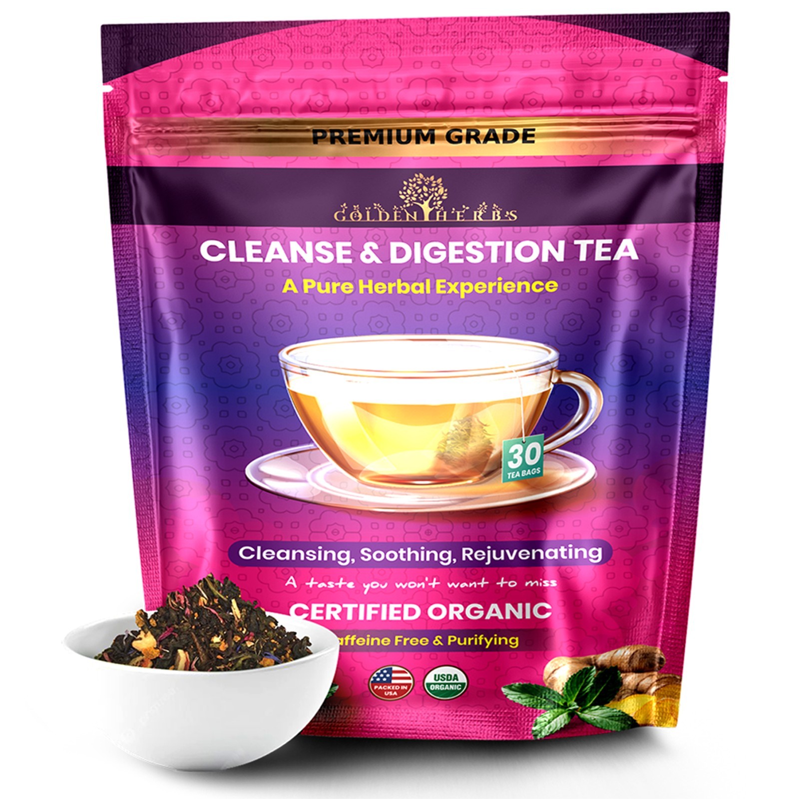 Golden Herbs Cleanse & Digestion Herbal Tea – Natural Detox & Gut Support