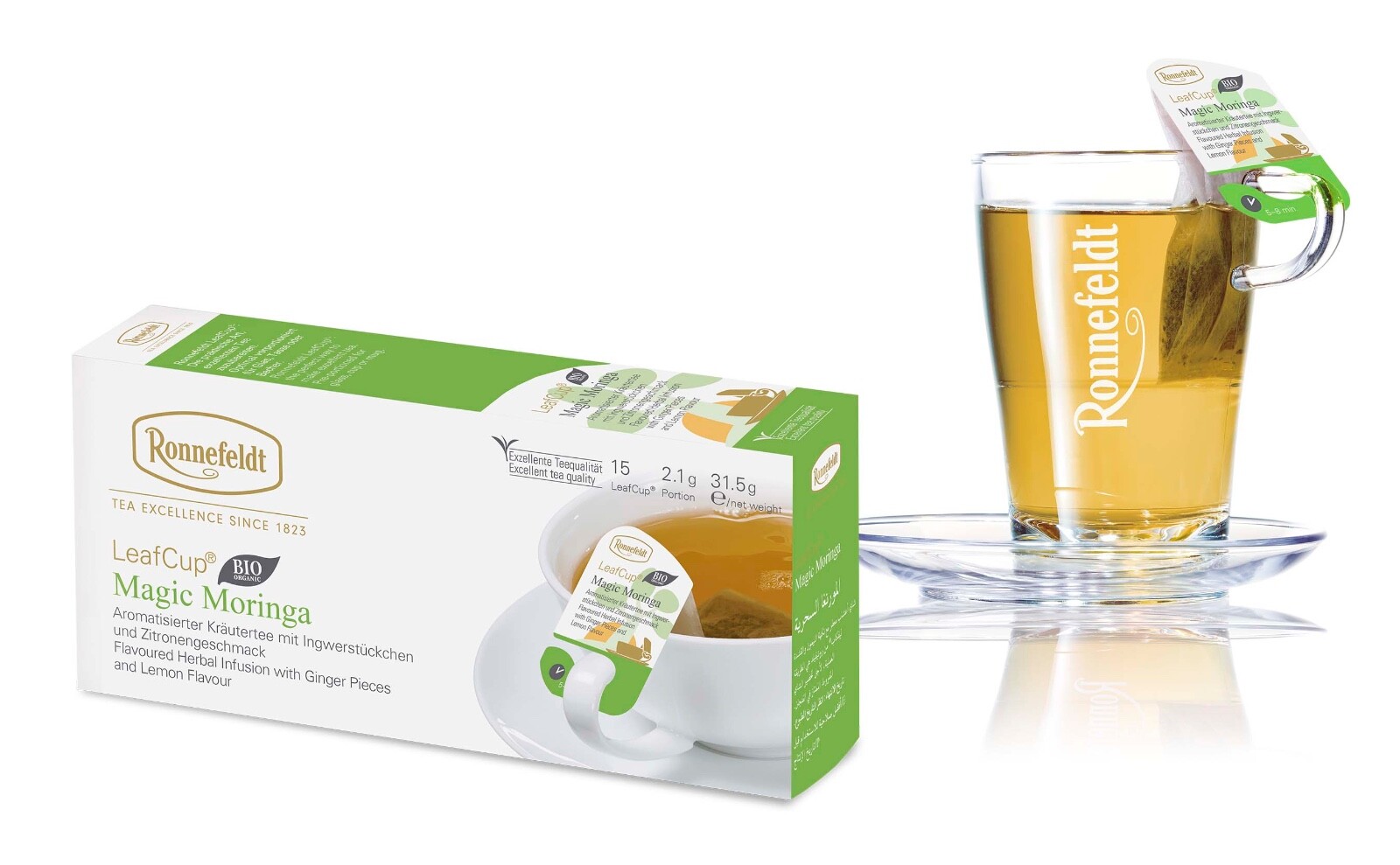Ronnefeldt Leafcup® Magic Moringa. 15 premium herbal tea bags with ginger