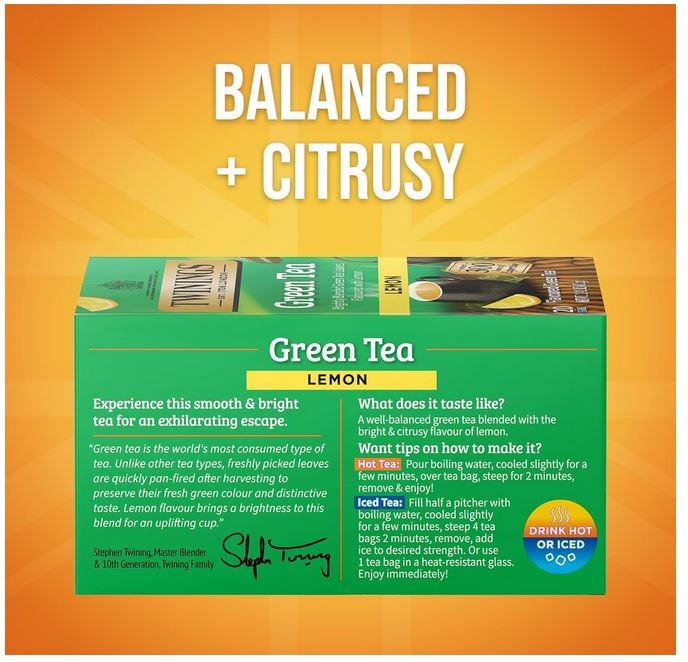 Twinings Green Tea with Lemon Individually Wrapped Bags, 20 Count (Pack of 1),
