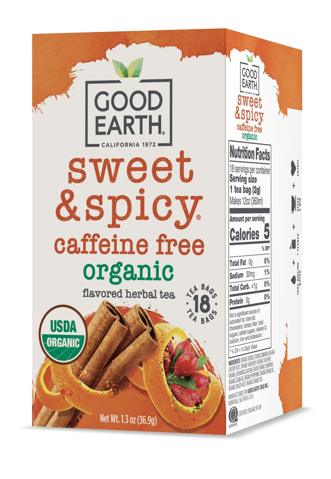 Good Earth Organic Herbal Tea, Sweet & Spicy, Caffeine Free, 18 Count (Pack of 6