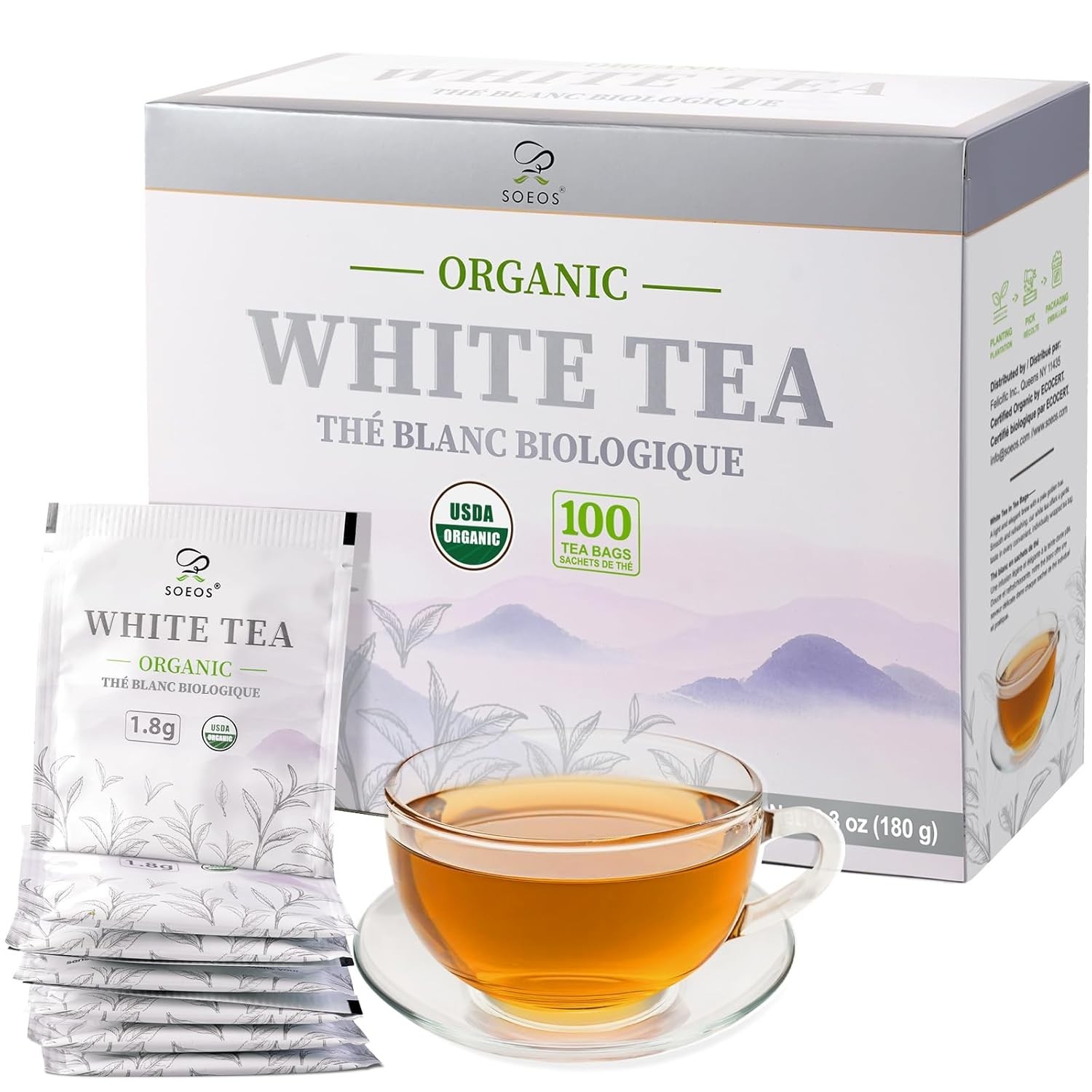 Elegant Organic White Tea – 100 Individually Wrapped Teabags, Low Caffeine