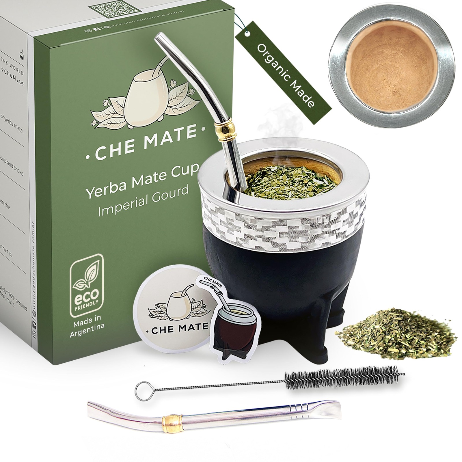 Premium Argentina-Uruguay Yerba Mate Cup and Bombilla Set, Organic Gourd Tea Mug