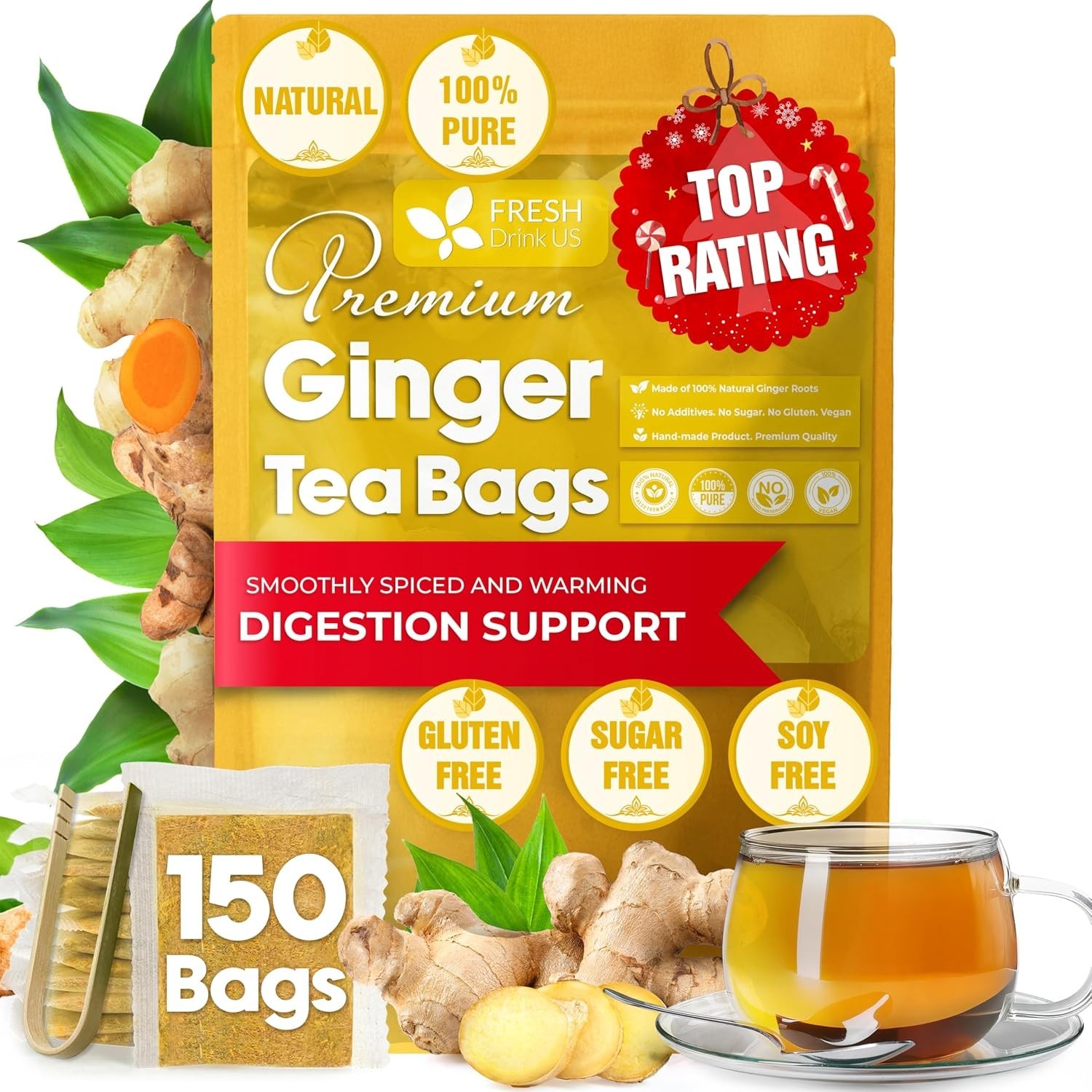FreshDrinkUS, 150 Premium Ginger Tea Bags, Non GMO, 100% Natural Free Shipping