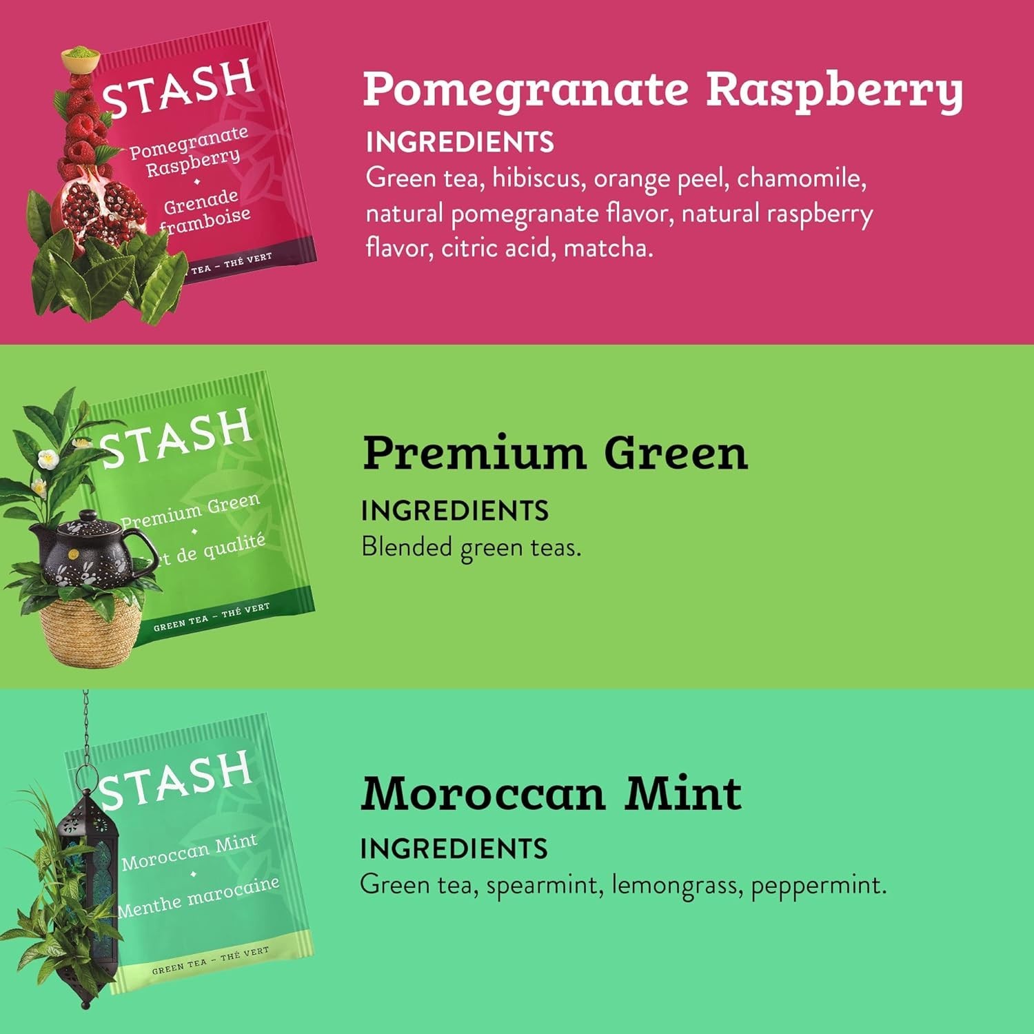 Green Tea Variety Pack 6 Flavors Caffeinated 108 Tea Bags Choice