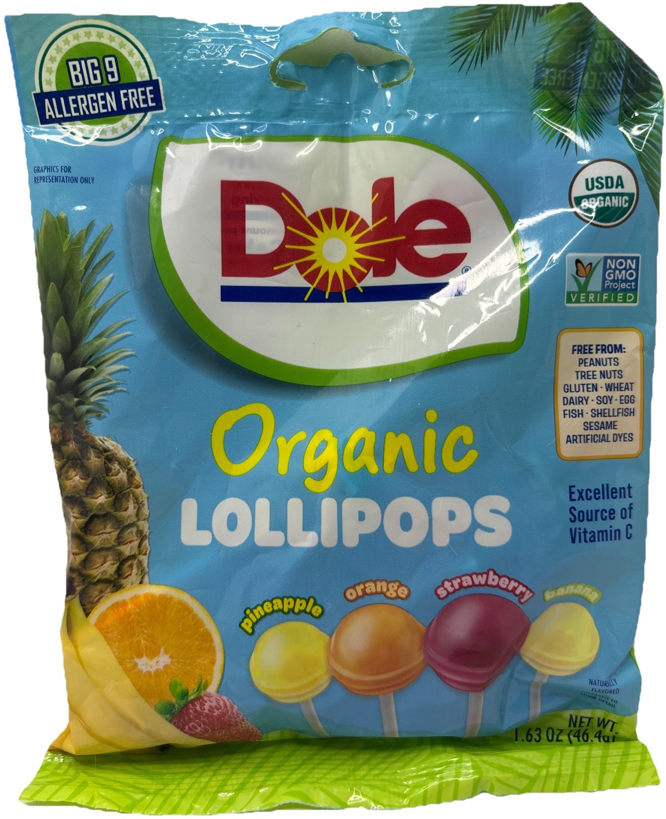 Dole Lollipops—Big 9 Allergens Free—4 Assorted Flavors Kid—NEW—SHIPS IN 24 HOURS