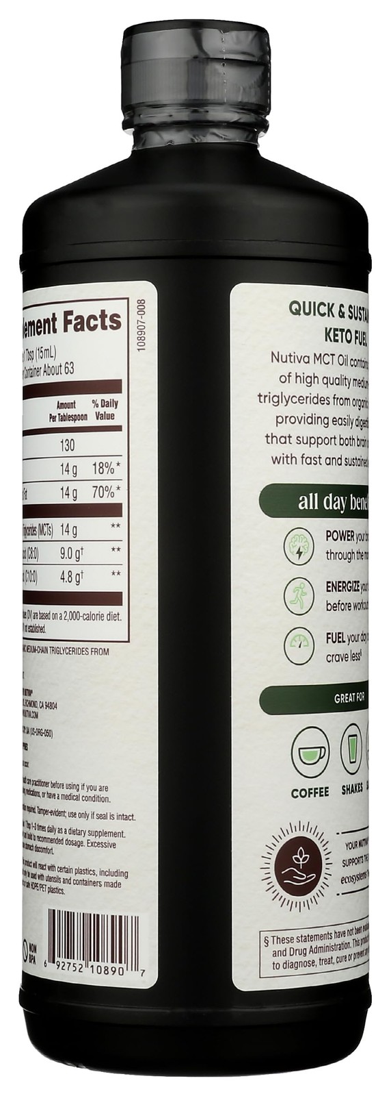 Nutiva Organic MCT Oil, Unflavored, 32 Oz, 32 Fl Oz (Pack of 1), Colorless