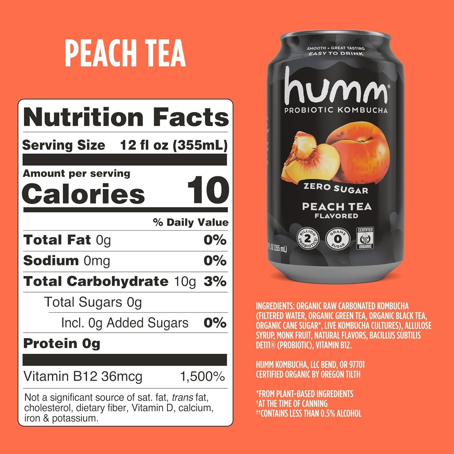Humm Probiotic Kombucha Zero Sugar Peach Tea, No Refrigeration Needed, Keto F…