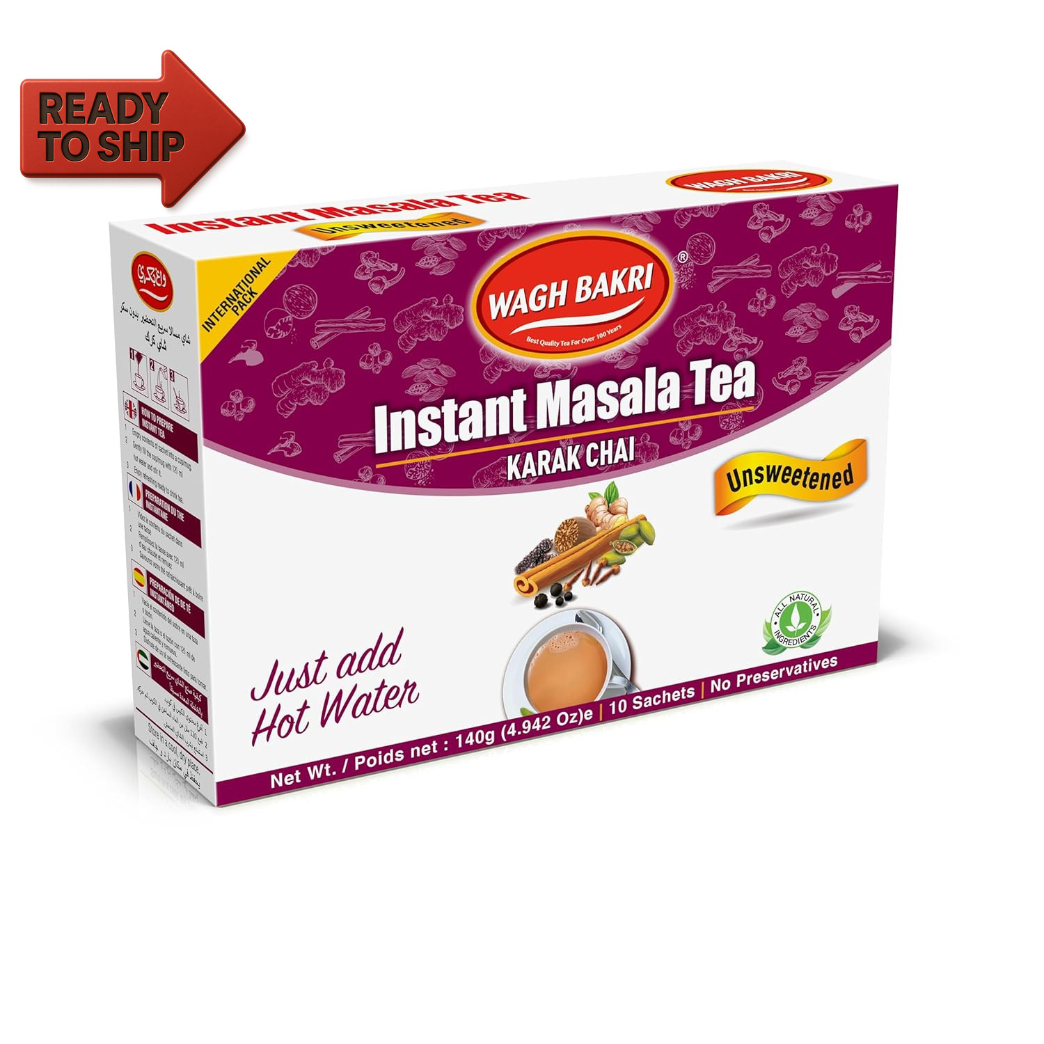 Wagh Bakri Instant Masala Tea, Unsweetened No Sugar Added, Karak Chai – 140Gram