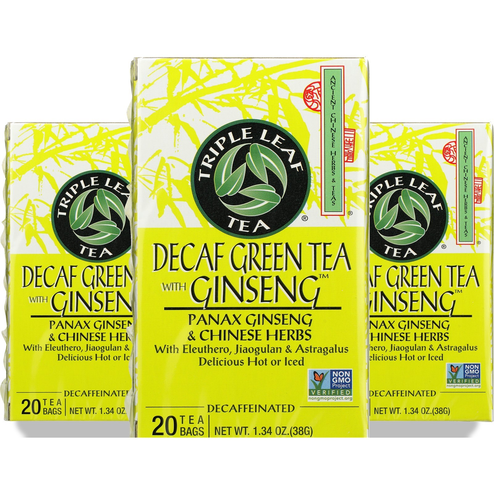 Triple Leaf Tea Decaf Green With Ginseng 20 Bags Seeds 3 Pack