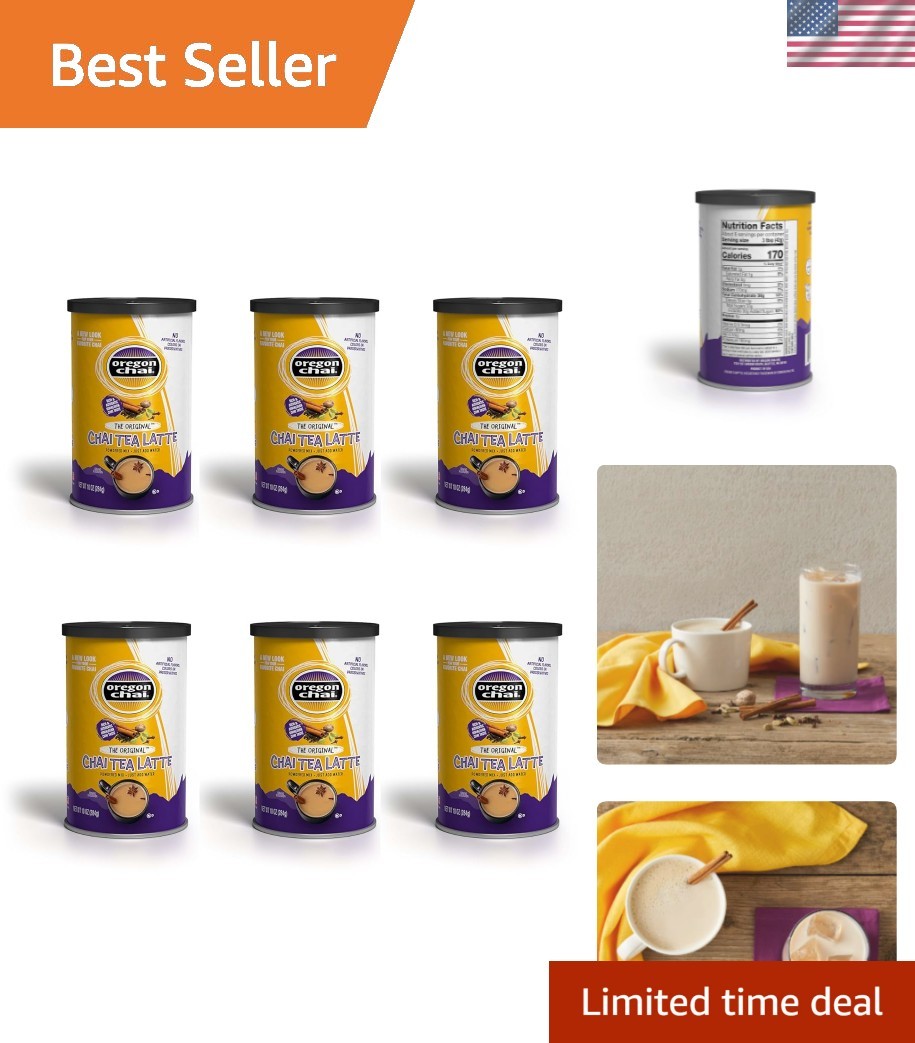 Bulk Chai Latte Mix: 10oz Canisters, 6 Pack, Medium Caffeine, Easy Prep