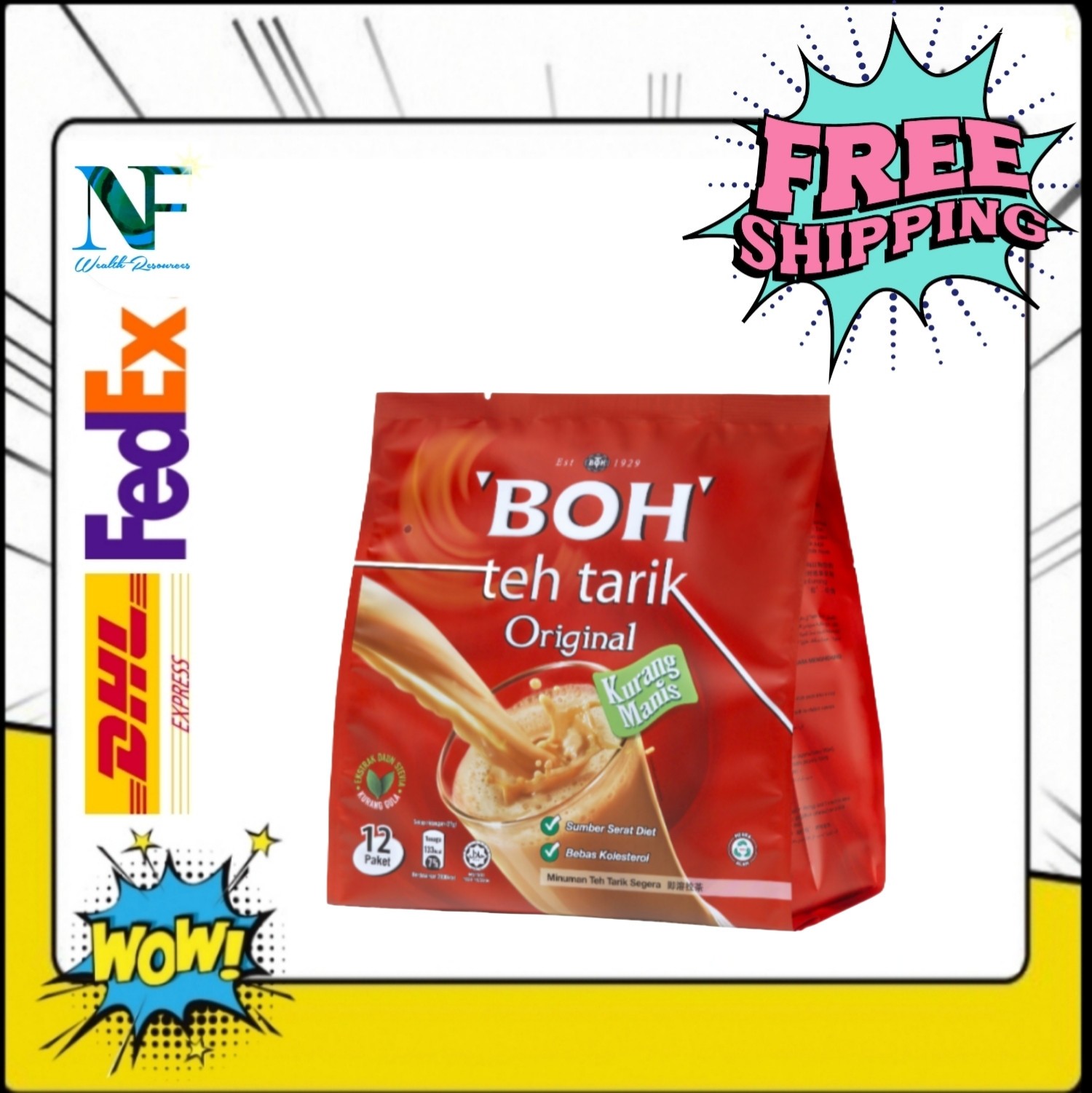 4x BOH Teh Tarik Original Pulled Tea Less Sugar Instant Tea Mix 12 Stick (27g)
