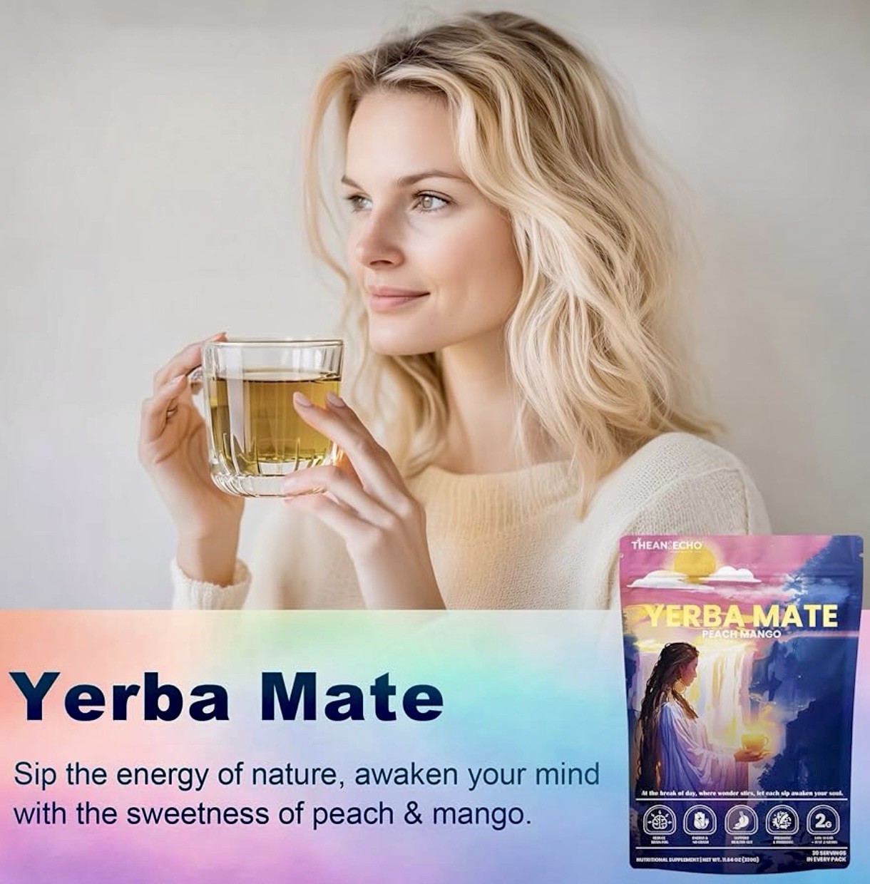 4x THEAN ECHO Yerba Magic Peach Mango 11.64oz 30 Serv Instant Tea, BB: 05/2027