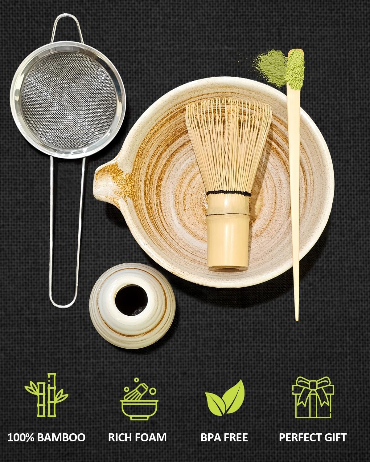 Matcha Whisk Set with Ceramic Matcha Bowl and Bamboo Whisk Kit