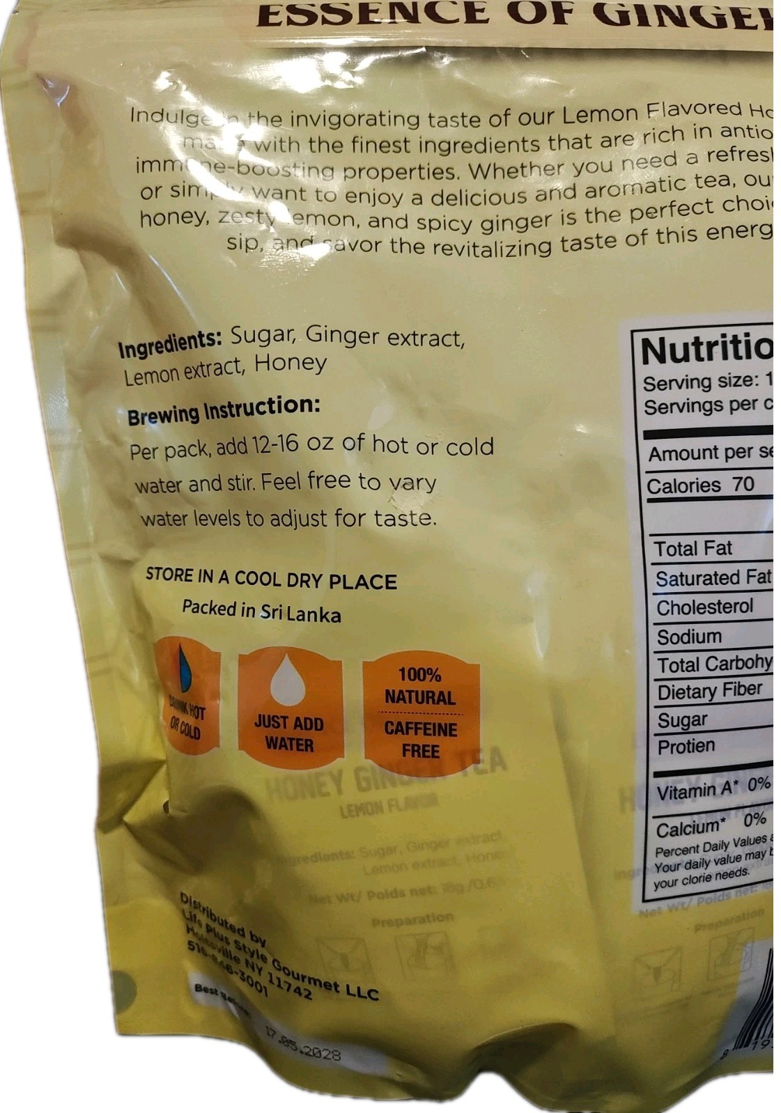 Family Size Instant Honey Ginger Tea Lemon Flavor 30 sachets Caffeine Free 2pack