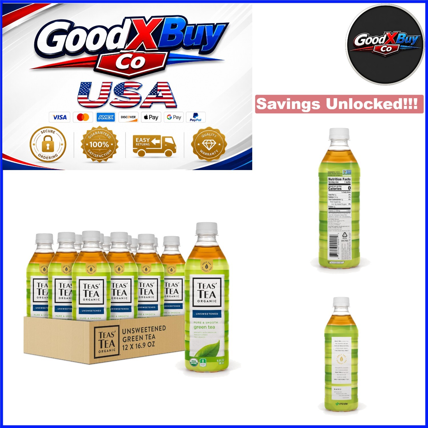 Ito En Unsweetened Green Tea Organic 16.9oz Bottles Pack of 12