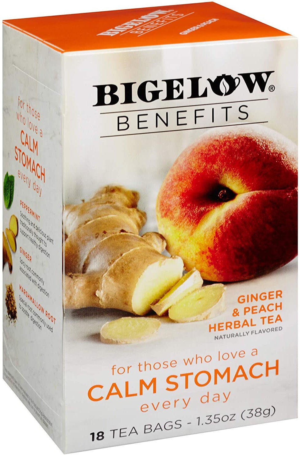 Bigelow Benefits Calm Stomach Ginger & Peach Herbal Tea – 18 tea bags