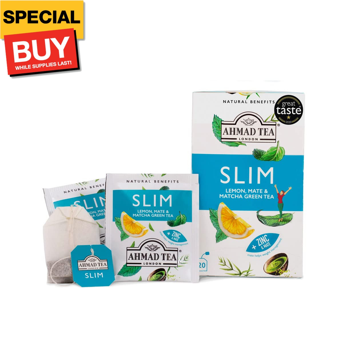 Green Tea, Lemon, Mate, & Matcha ‘Slim’ Natural Benefits Teabags, 20 ct (Pack of