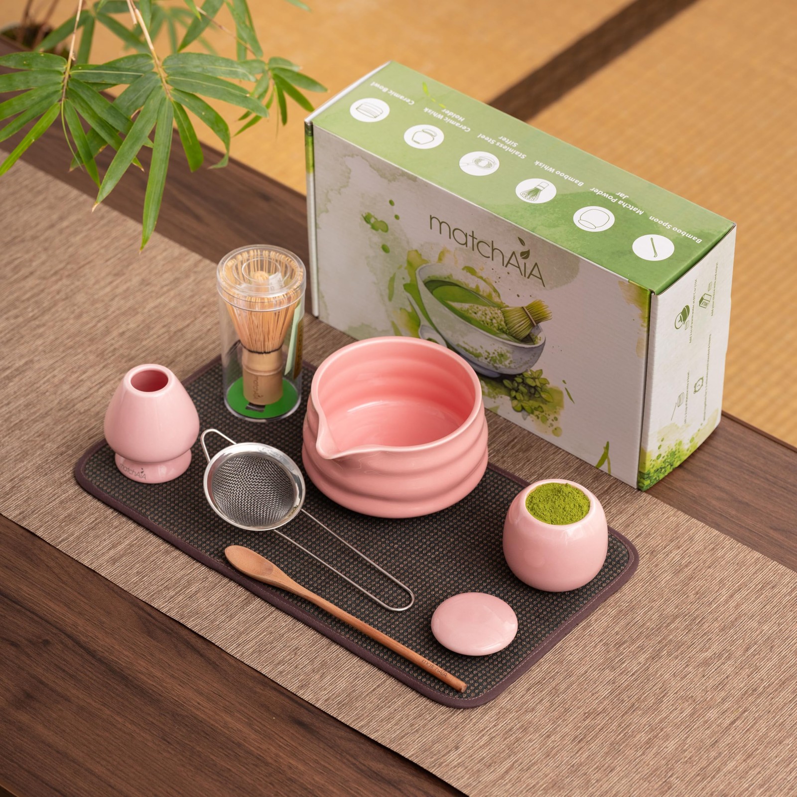 6 Pcs Matcha Set – Ceramic Bowl Whisk Canister Sifter Spoon