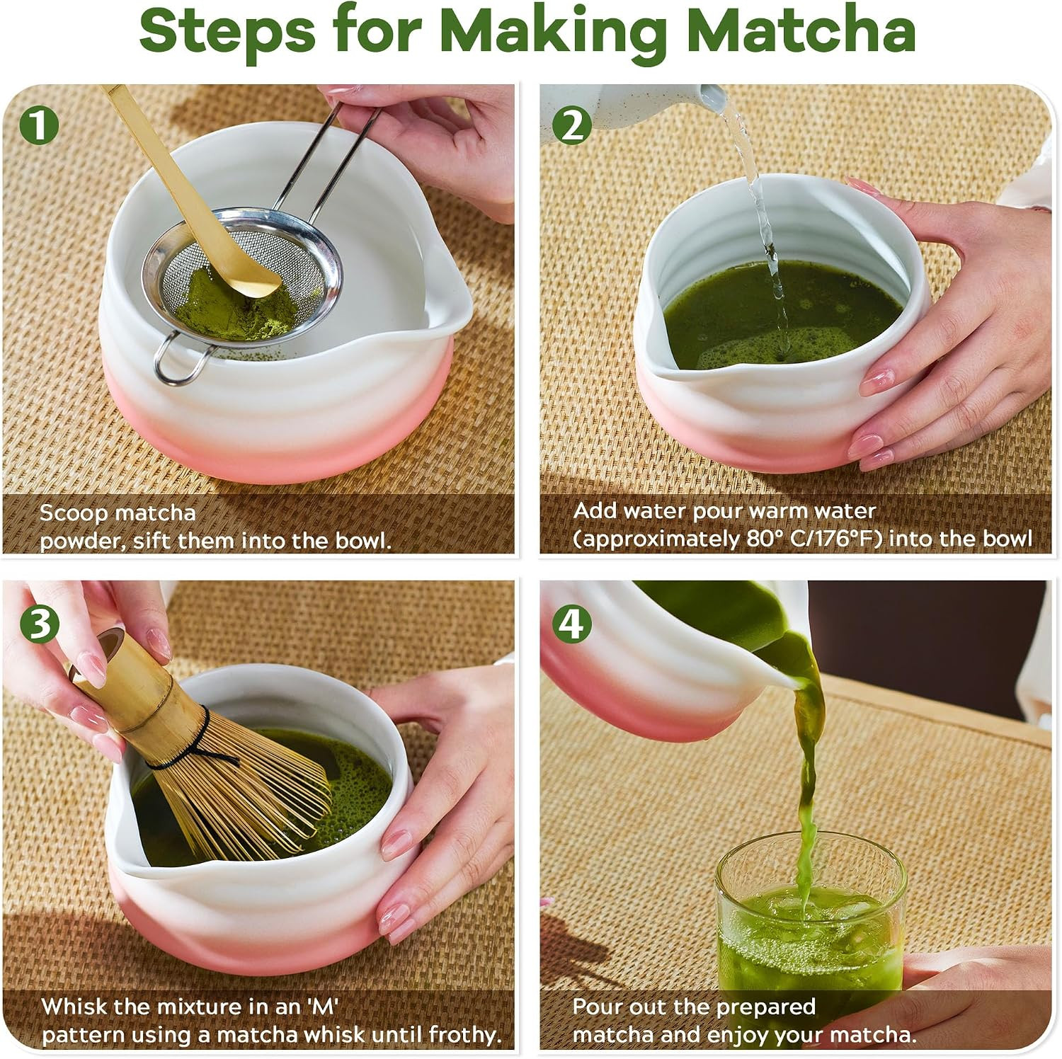 Matcha Whisk Set with Tea Caddy, Pink 8 Pcs Matcha Kit Includes Bowl