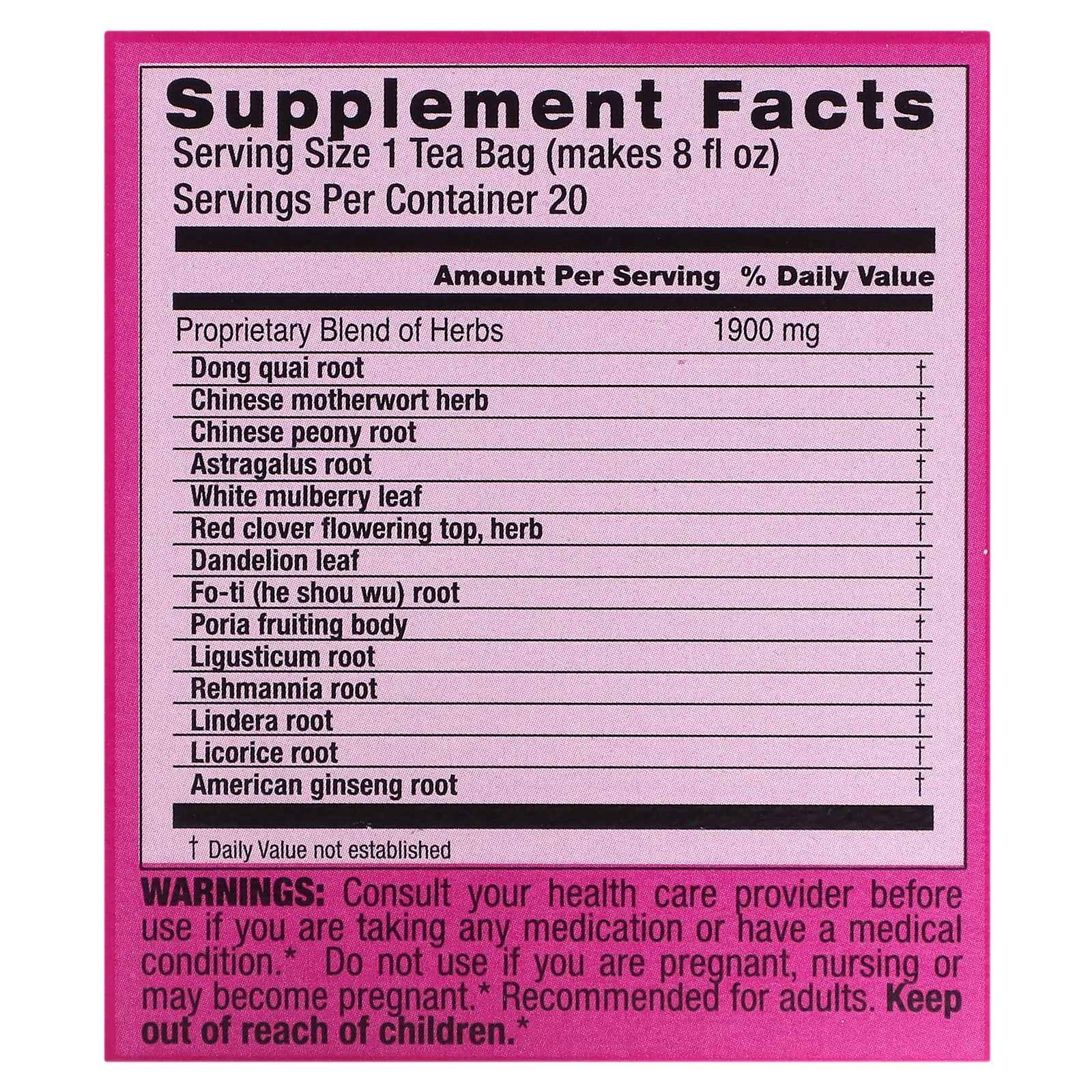Sugar Balance, & Women’s Tonic with Dong Quai & Mulberry, Caffeine-Free, 20 Tea