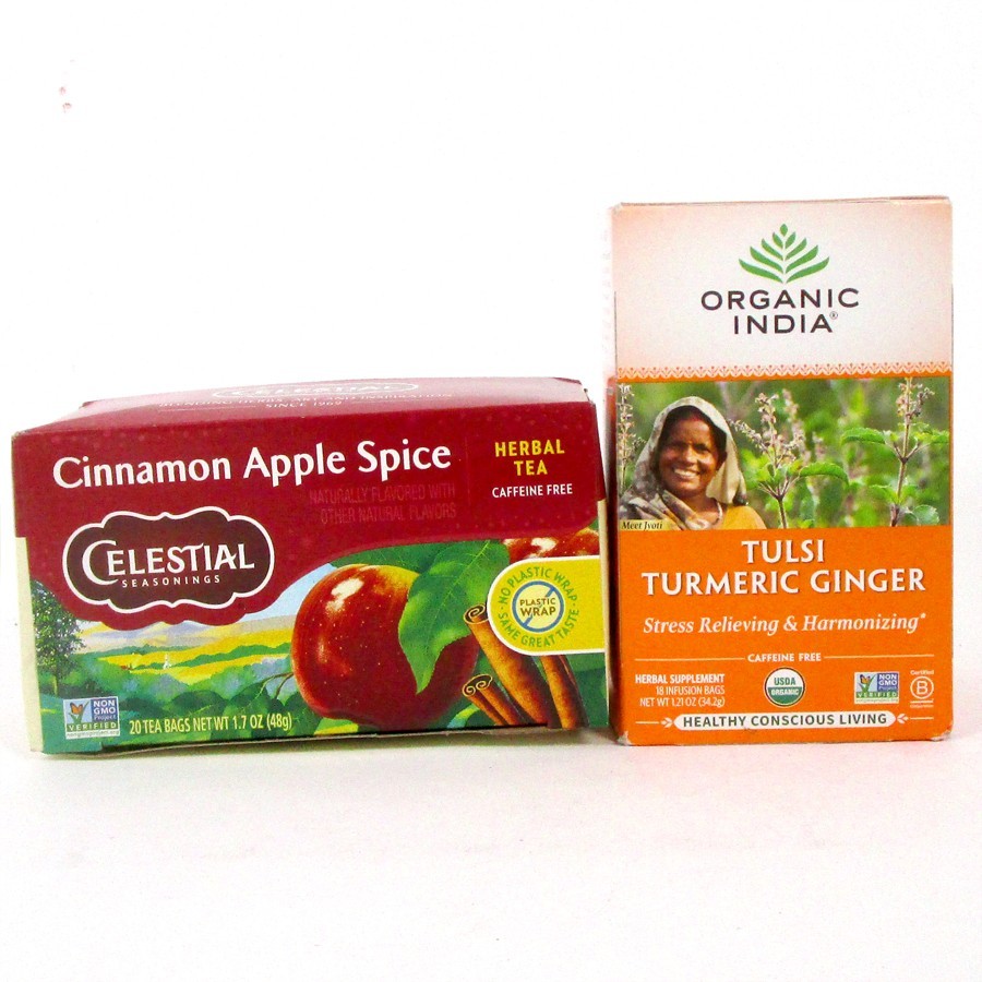 Organic India Tulsi Turmeric Ginger, Celestial Seasonings Cinnamon Apple Spice