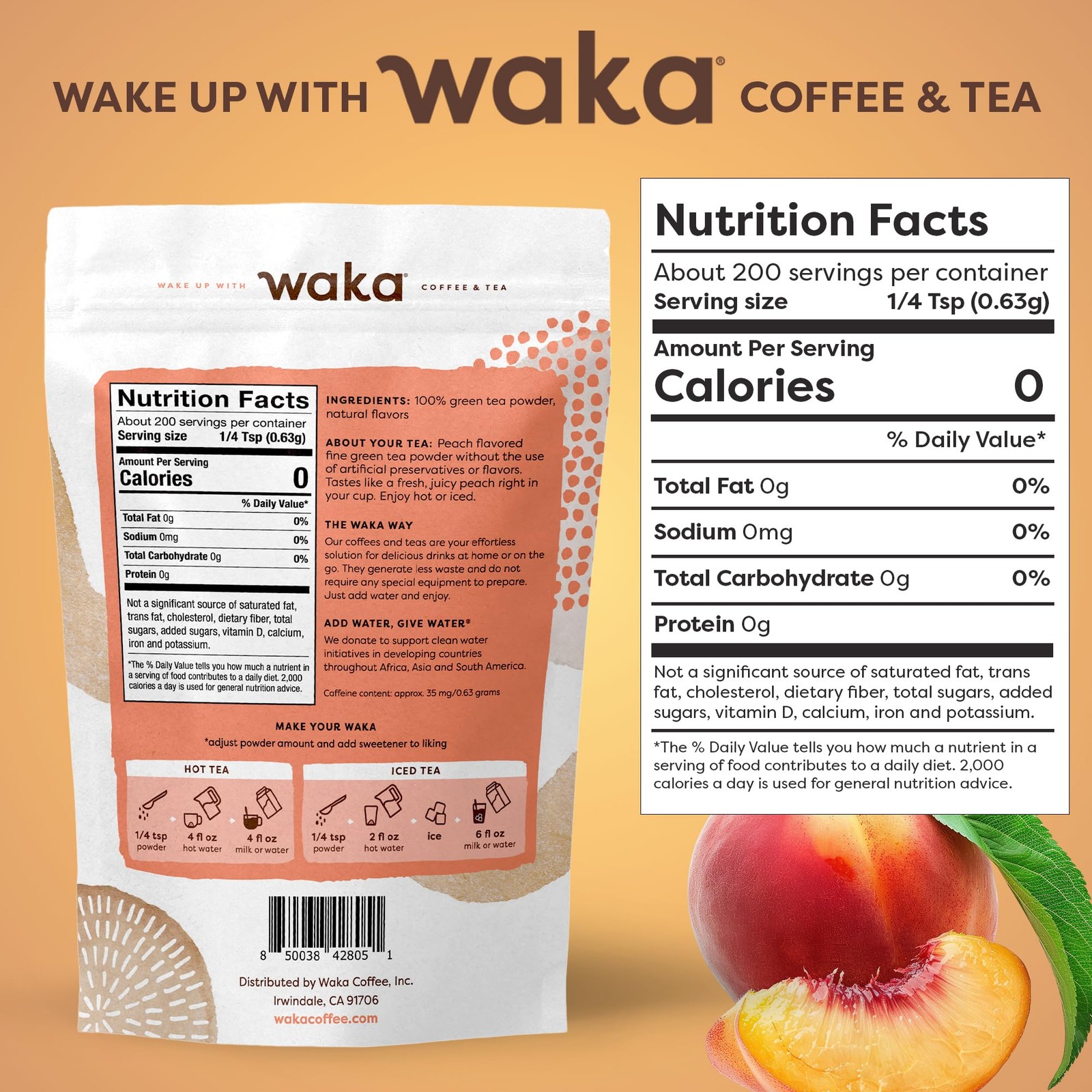 Waka Instant Green Tea Mix, Peach Flavored – 100% 4.5 Ounce (Pack of 1)
