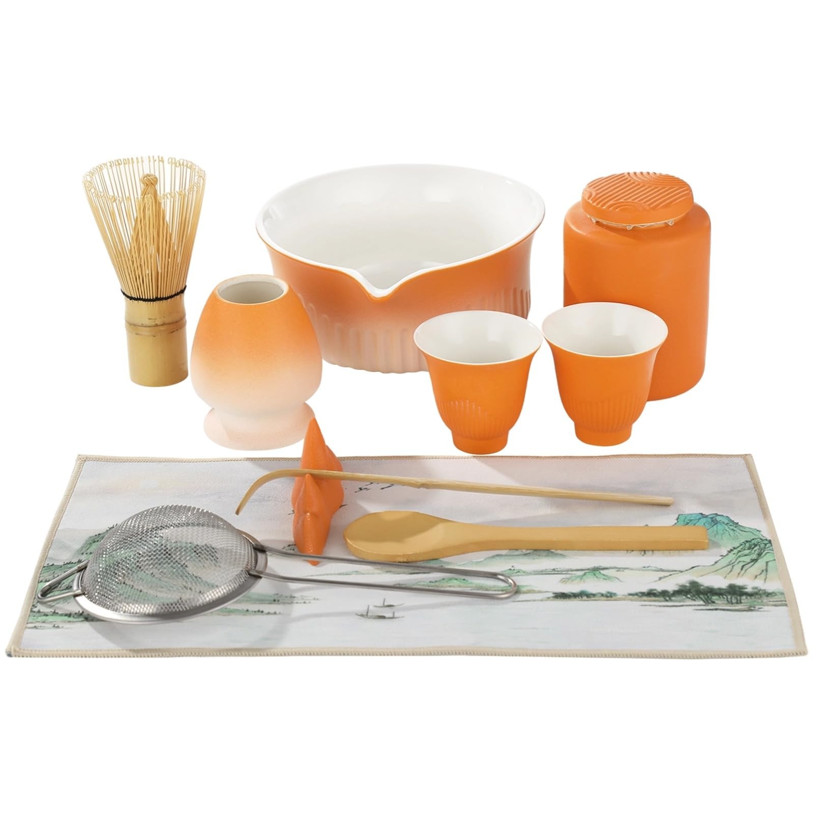 Matcha Whisk Set, 11 Pcs Ceramic Matcha Making Set, Orange Gradient Tea Bowl …