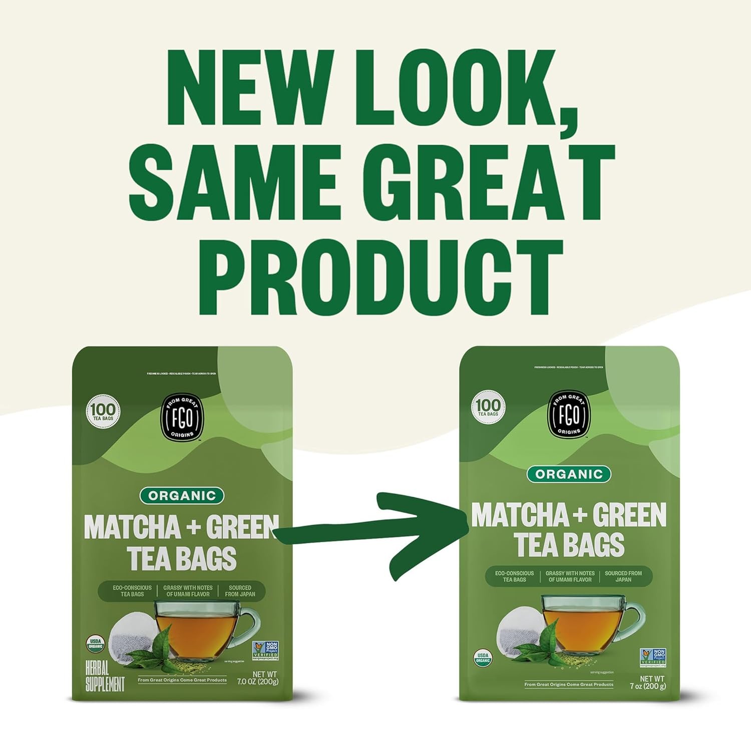 FGO Organic Japanese Matcha + Green Tea, 100 Count, Eco-Conscious Tea Bags, Rese