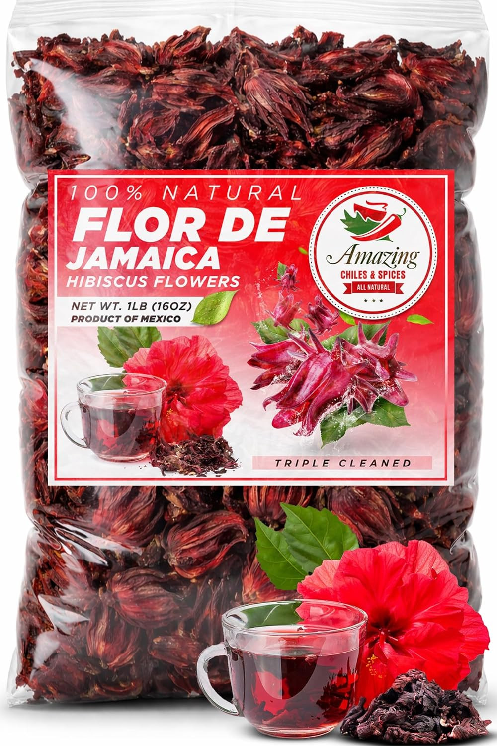 Hibiscus Flowers 1Lb (16Oz) – All Natural, Triple Cleaned – Whole Soft Flowers a