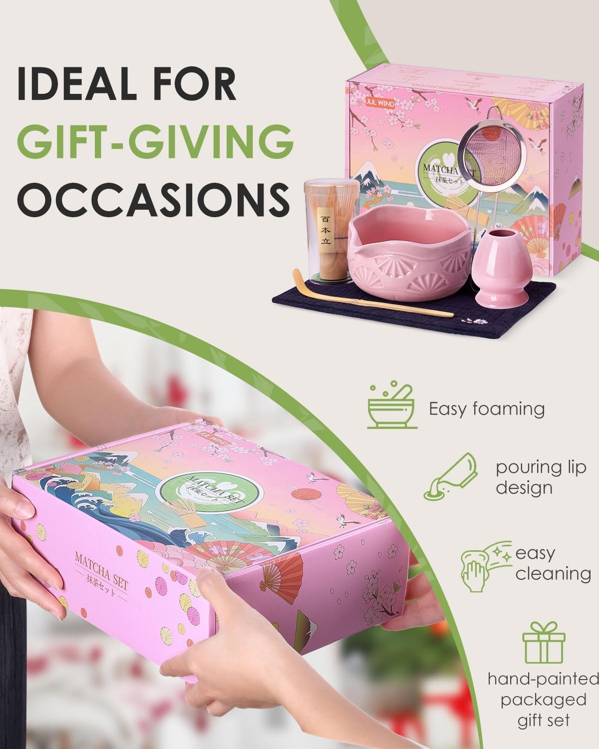 Matcha Whisk Set Bowl with Spout Ceramic Tea Kit 6 Pc for Beginners Pink