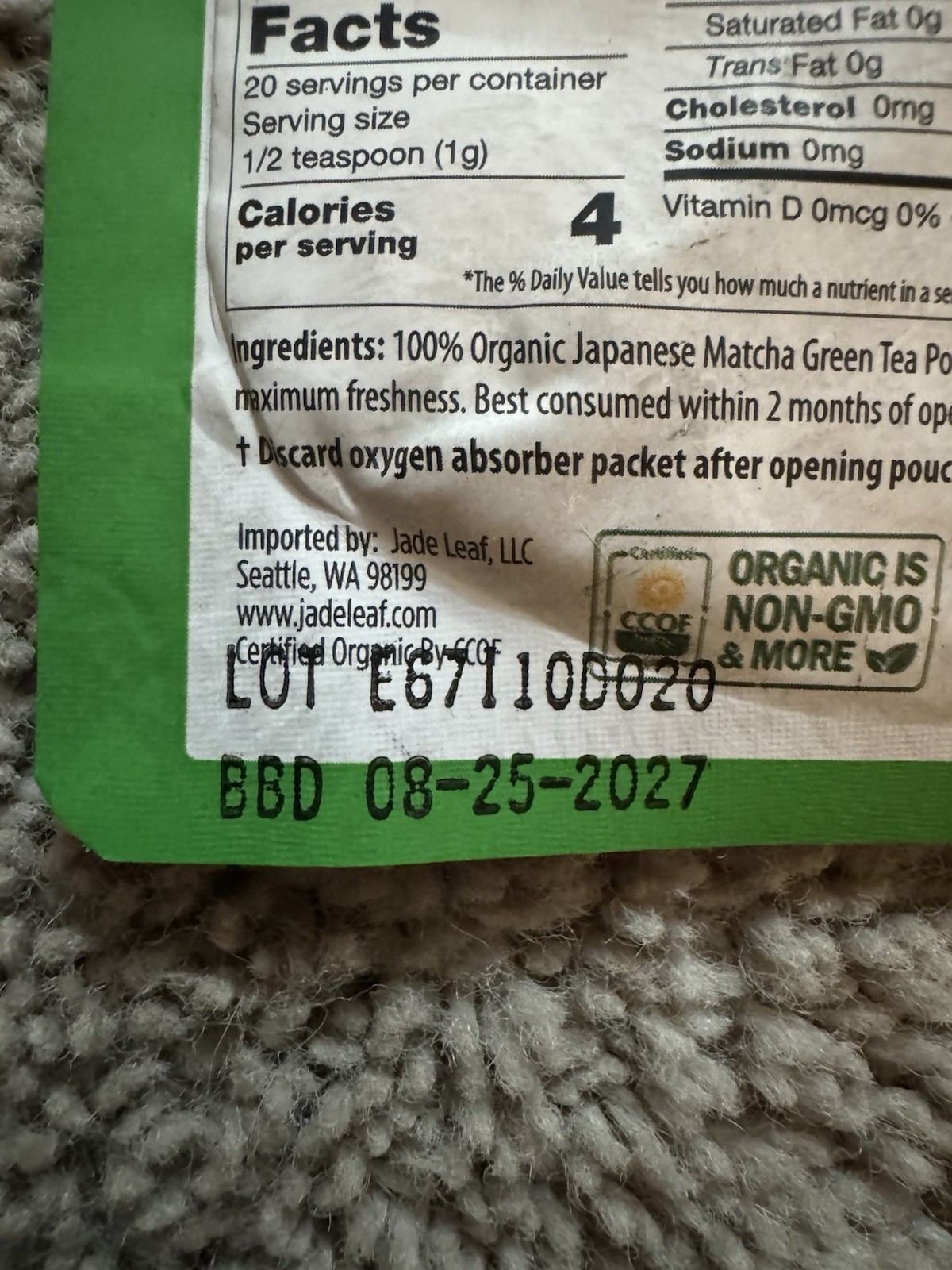 Jade Leaf Organic Japanese Culinary Grade Matcha Ground Tea Powder 0.71oz 2 Pack