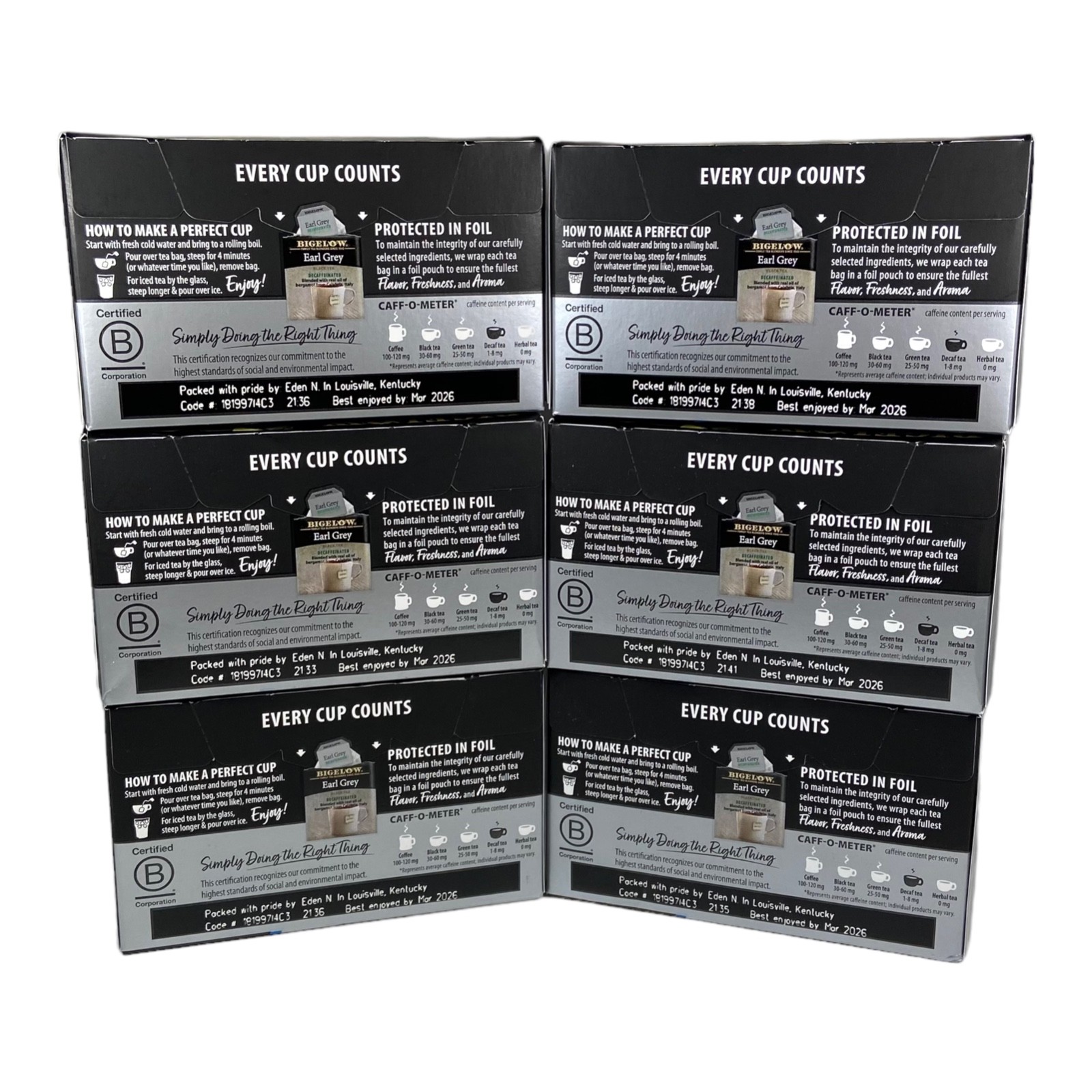 Lot of 6 NEW Bigelow Earl Grey Black Tea Bags Decaffeinated 120 Bags Total