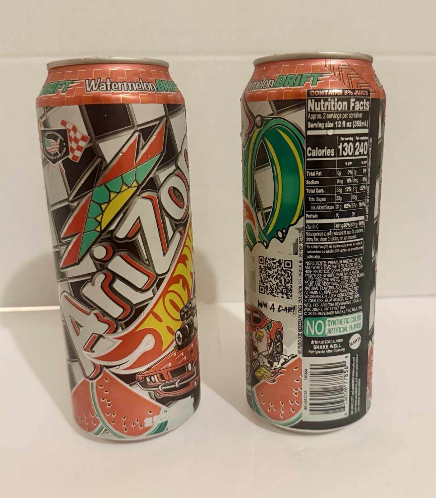 Two Cans Of Arizona x Hot Wheels Watermelon Drift Black And White Tea