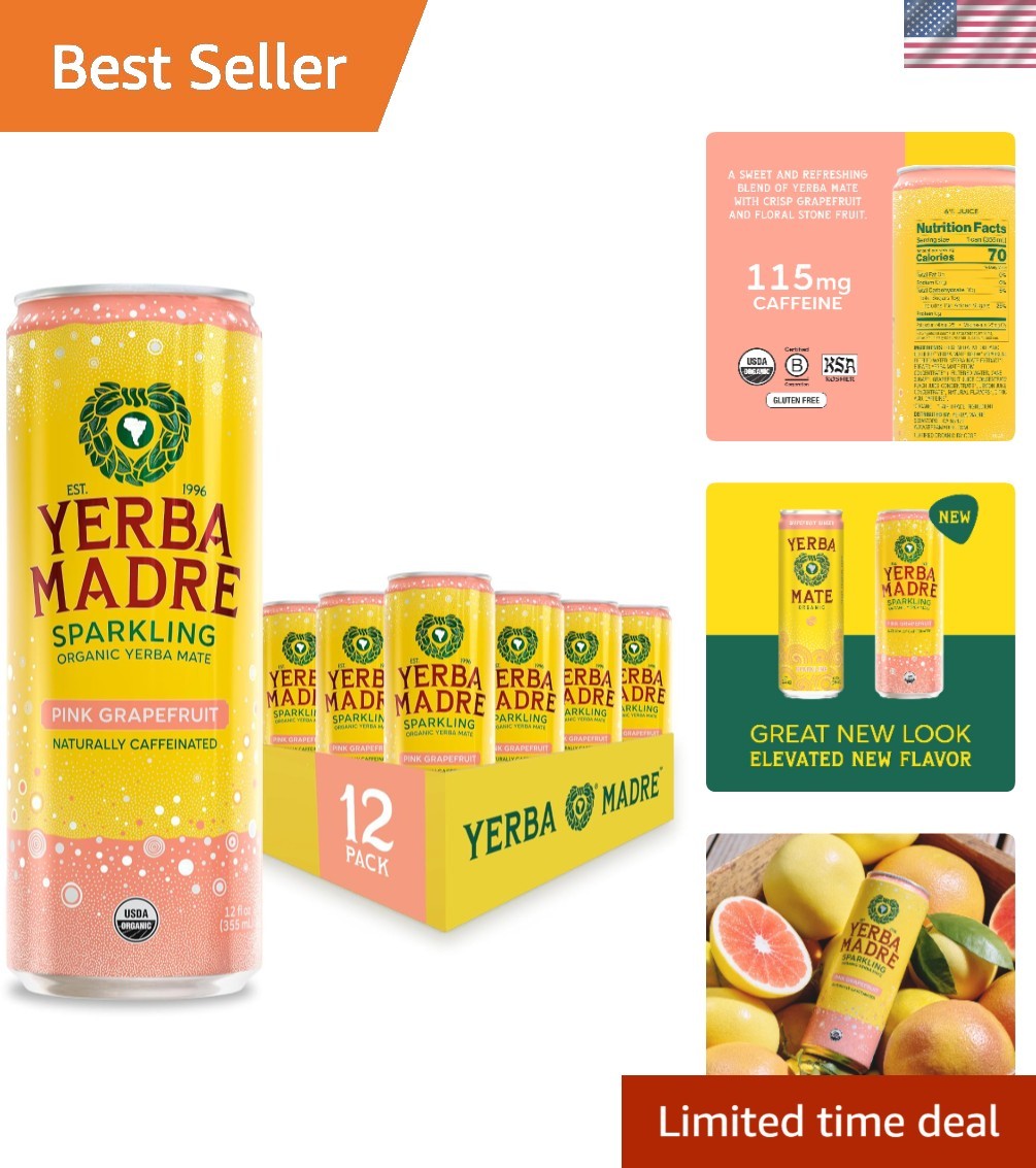Yerba Madre Organic Sparkling Yerba Mate, Pink Grapefruit, 115Mg Natural Plant B