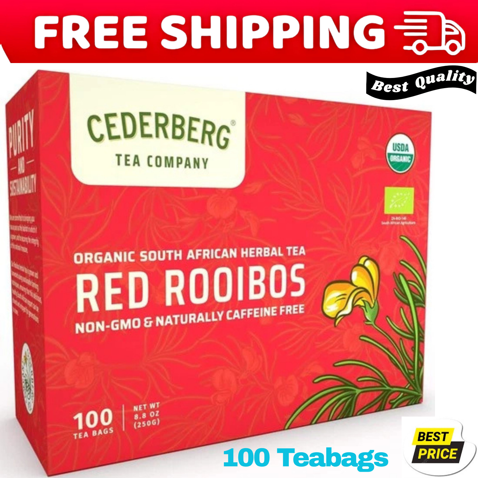Red Rooibos Tea 100 Teabags Organic – Naturally Caffeine Free –