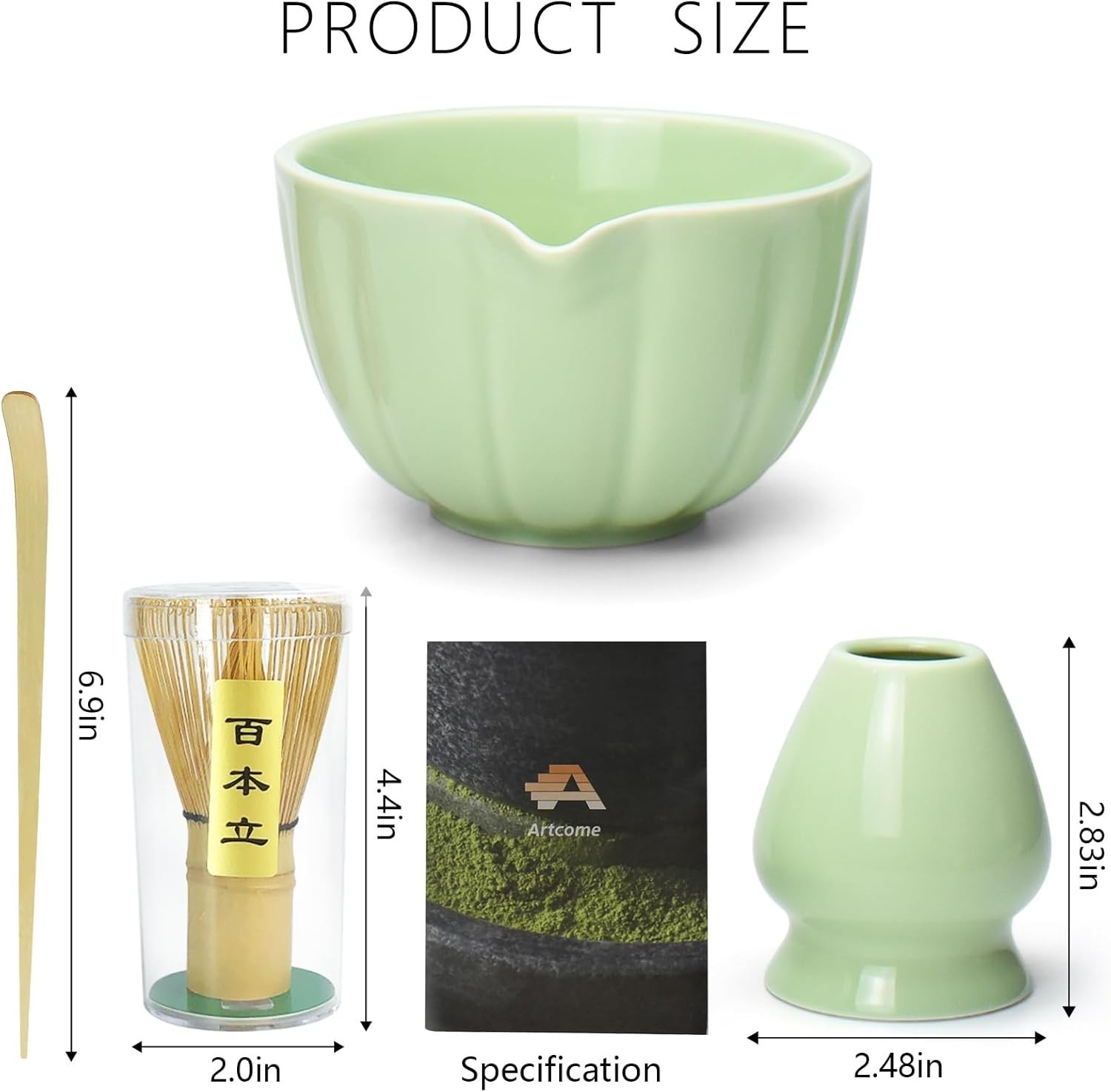 4PCS Matcha Tea Set Bowl Whisk Scoop Holder Japanese Tea Ceremony Kit Green