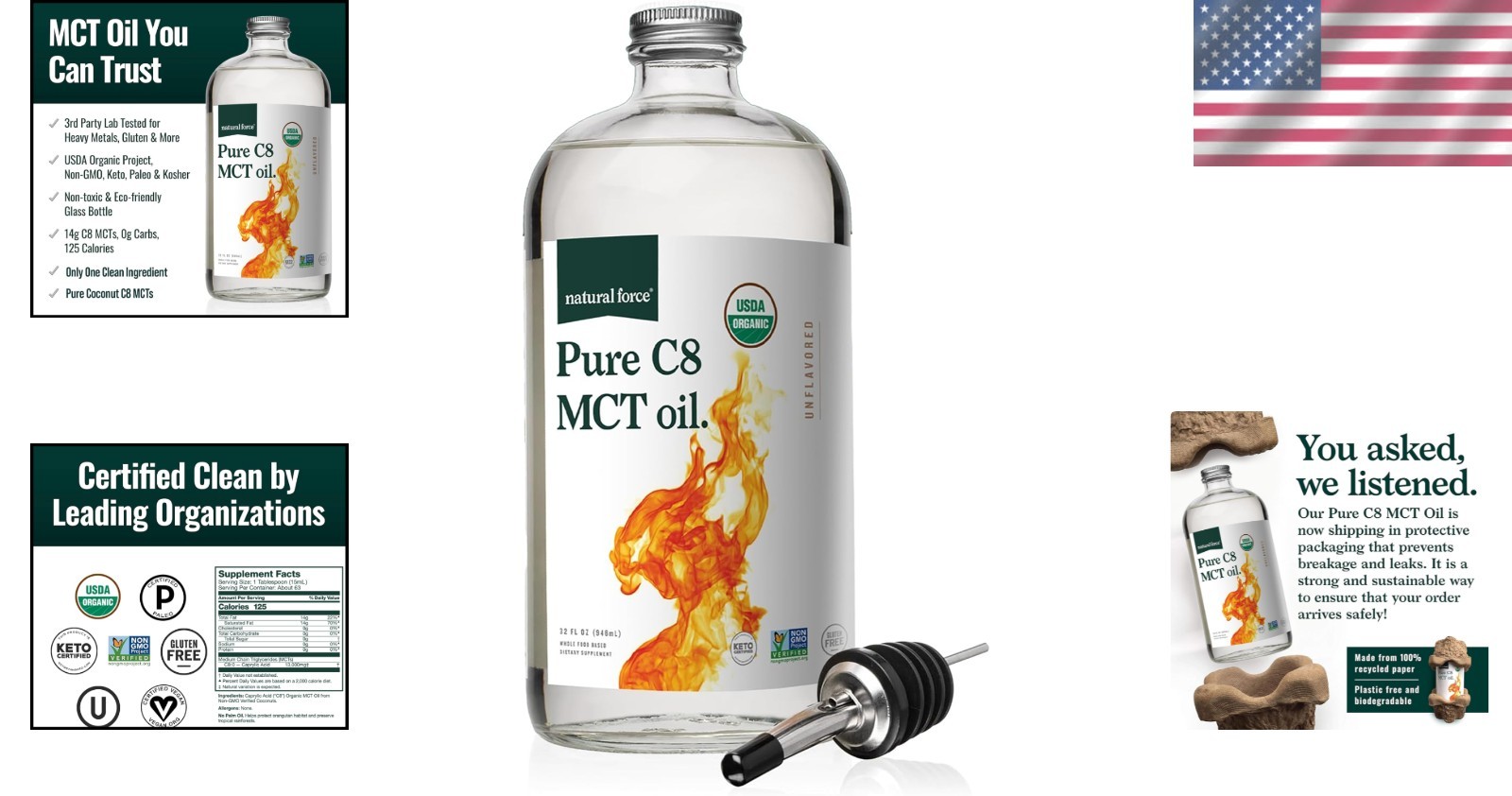 Natural Force Organic Pure C8 MCT Oil – Liquid 16 Fl Oz (Pack of 1)