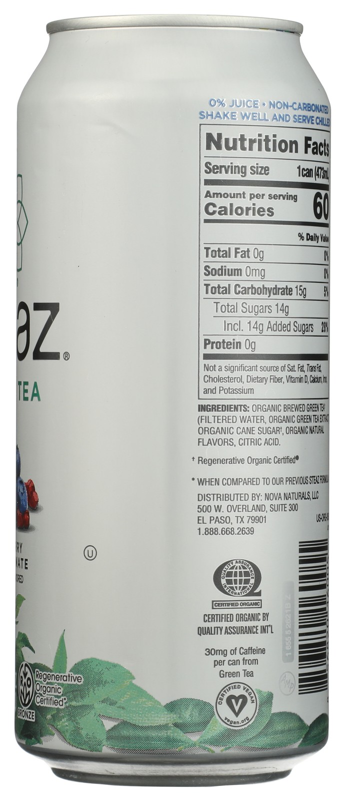 Steaz Blueberry Pomegranate Organic Green Tea 16 Fl Oz Can 12 Pack