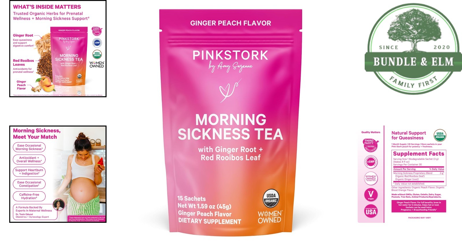 Organic Morning Sickness Tea with Ginger-Peach Flavor – 15 Sachets for Pregnancy